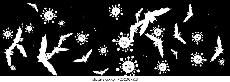 Creepy Horror Covid Spooky Vampire Backdrop. Mysterious Funny Corona Bloody Cartoon Bats. Red Party Faces Virus White Background. Gothic Dracula Scary Fear Epidemic Halloween Illustration.