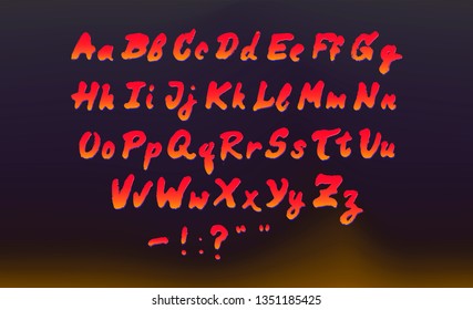 Creepy and Horror font. Hand written ink brush pen cursive alphabet, neon typeset of uppercase and lowercase letters on dark background.