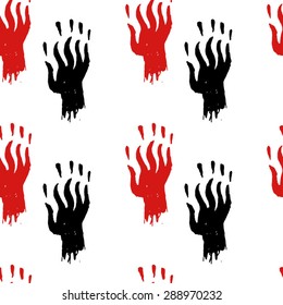 Creepy horror seamless pattern with hand drawn bloody monster hands in red and black on white. Great for halloween
