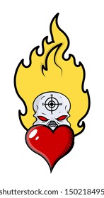 Creepy Horror Skull Tattoo with Flames and Heart - Vector Cartoon Illustration