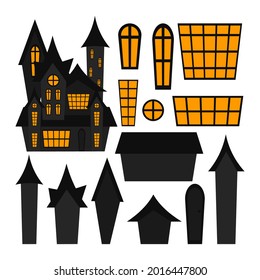 Creepy house constructor isolated on white background. Halloween haunted house. Vector flat illustration. Witch hut, vampire castle, haunted house, and cemetery chapel. 