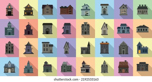 Creepy house icons set flat vector. Scary castle. Home ghost