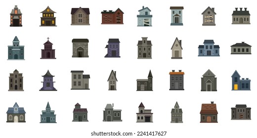 Creepy house icons set flat vector. Scary castle. Home ghost isolated