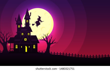 creepy house with the moon witch, halloween vector background