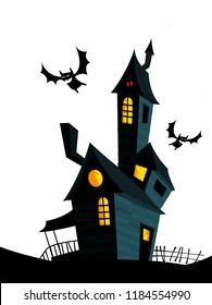 Creepy house on night background with a full moon behind. Vector Halloween background with haunted house and cemetery
