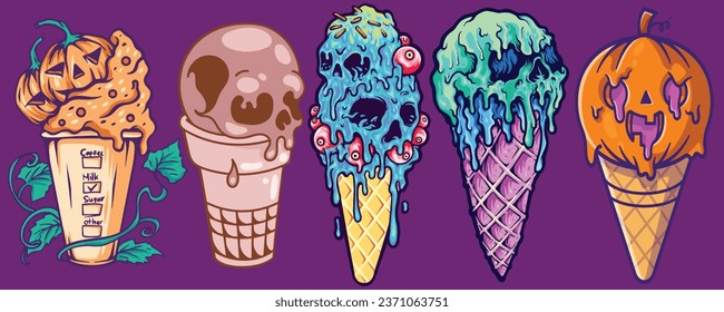 Creepy Ice Cream for Halloween Set, Pumpkin Icecream and Skull Ice Cream for The Spooky Season, Spooky Halloween Food Bundle Background