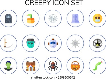 creepy icon set. 15 flat creepy icons.  Collection Of - tombstone, scythe, snake, frankenstein, spider web, serial killer, haunted house, spooky, spider, trick or treat