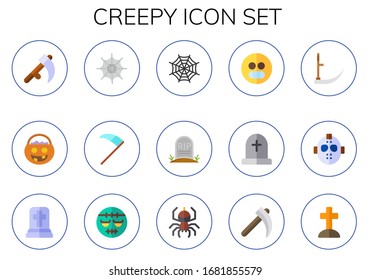 creepy icon set. 15 flat creepy icons. Included scythe, trick or treat, spider web, tombstone, serial killer, frankenstein, spider, tomb icons