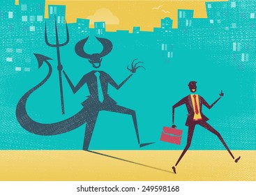 Creepy Illustration Of Retro Styled Businessman Who's Shadow Reveals Him To Be Somebody Quite Sinister In The Form Of A Dancing Devil. 