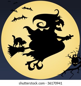 creepy illustration with witch, cat, owl, moon and bat