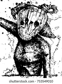 Creepy imaginary character with a wooden mask.