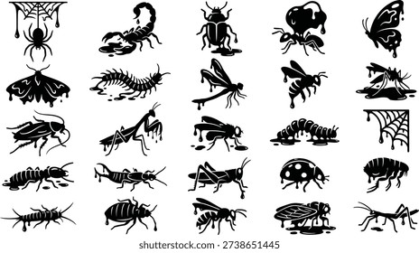 Creepy insect and spider silhouettes set in black with dripping effect. Collection of bugs and crawling creatures including beetles, wasps, dragonfly, centipede, cockroach and webs.