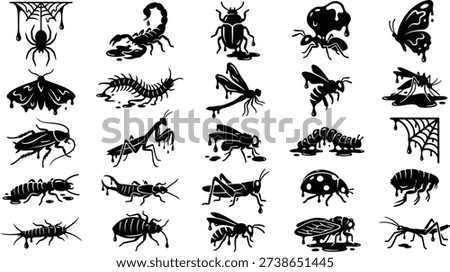 Creepy insect and spider silhouettes set in black with dripping effect. Collection of bugs and crawling creatures including beetles, wasps, dragonfly, centipede, cockroach and webs.
