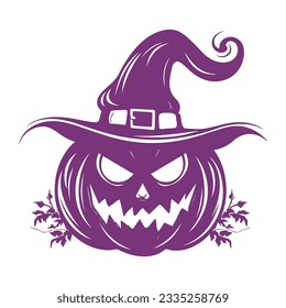 Creepy Jack O Lantern pumpkin in witchy hat silhouette. Halloween retro vector illustration in grunge style.