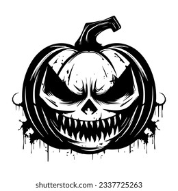Creepy Jack O Lantern pumpkin black silhouette. Halloween retro vector illustration in grunge style. Black outline art.