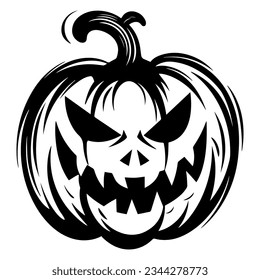 Creepy Jack O Lantern pumpkin black silhouette. Halloween retro vector illustration in grunge style. Black outline art.