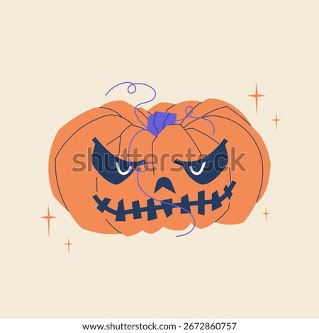 Creepy jack o lantern pumpkin illustration. Halloween vector design for party decorations, banners, invitations, posters, cards, stickers, clipart and spooky seasonal projects