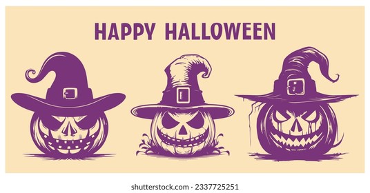 Creepy Jack O Lantern pumpkins set silhouette set. Halloween retro vector illustration in grunge style. Vintage happy halloween card design.