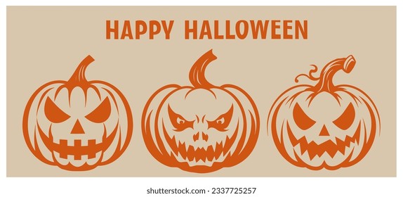 Creepy Jack O Lantern pumpkins set silhouette set. Halloween retro vector illustration in grunge style. Vintage happy halloween card design.