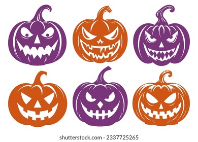 Creepy Jack O Lantern pumpkins silhouette set. Halloween retro vector illustration in grunge style.