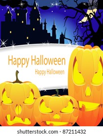 Creepy Jack O lanterns with glowing eyes near the Haunted Castle