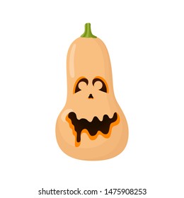 Creepy Jack-O-lantern made of a long orange pumpkin. Main Halloween symbol on white background