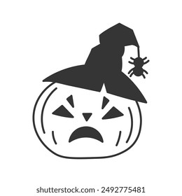 Creepy Jack-o-Lantern Pumpkin wearing Witch Hat. Spooky Halloween doodle design element. Scary gourd with spider. Hand drawn isolated vector illustration