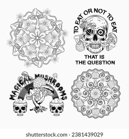 Creepy labels with text, mushrooms, human skull. Concept of madness. Circular patterns with shrooms. Vintage style. For fantasy, groovy, hippie, mystical, surreal design Not AI.