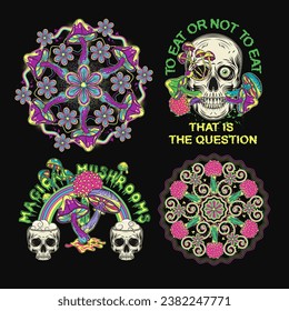 Creepy labels with text, mushrooms, human skull. Concept of madness. Circular patterns with bright colorful shrooms. Vintage style. For fantasy, groovy, hippie, mystical, surreal design Not AI.