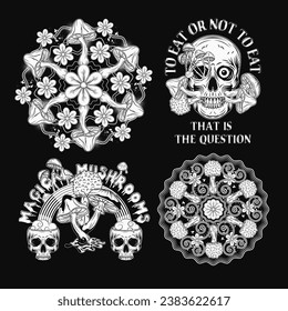 Creepy labels with text, mushrooms, human skull. Concept of madness. Circular patterns with shrooms. Vintage style. For fantasy, groovy, hippie, mystical, surreal design Not AI.