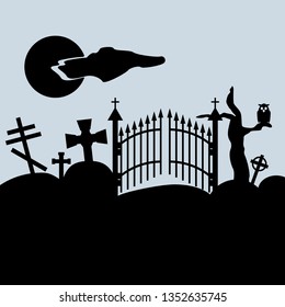 Creepy landscape. Cemetery gates, grave crosses,  owl on dry tree, night sky. Scary vector illustration.