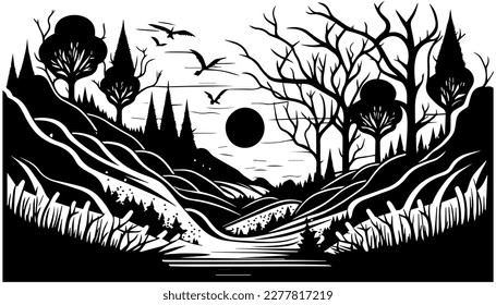 Creepy landscape vector black line illustration isolated white. Sketch art