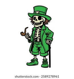 Creepy Leprechaun Skeleton with Pipe – Irish Horror Illustration