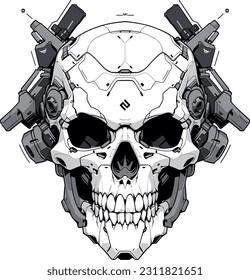 creepy mecha techno skull over white