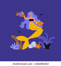 Creepy mermaid hunts for fish. A magical underwater creature with elements of sea inhabitants. Undersea world concept. 