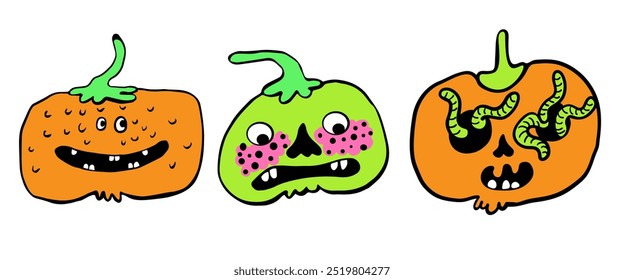 creepy minimalistic pumpkins characters set for halloween in vector. objects for stickers avatar decoration postcard poster print logo icon mascot