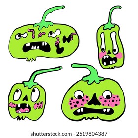 creepy minimalistic pumpkins characters set for halloween in vector. objects for stickers avatar decoration postcard poster print logo icon mascot