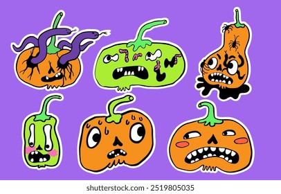 creepy minimalistic pumpkins characters set for halloween in vector. objects for stickers avatar decoration postcard poster print logo icon mascot