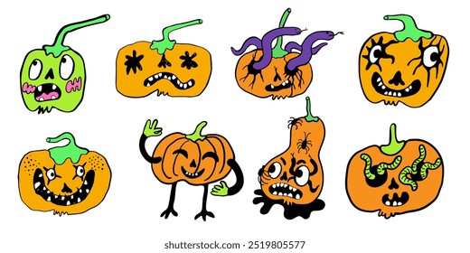 Conjunto de personajes de calabazas minimalistas espeluznantes para Halloween en Vector Objetos para pegatinas Decoración de avatar Poster Print Logo Icono Mascota