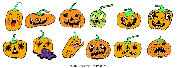creepy minimalistic pumpkins characters set for halloween in vector. objects for stickers avatar decoration postcard poster print logo icon mascot