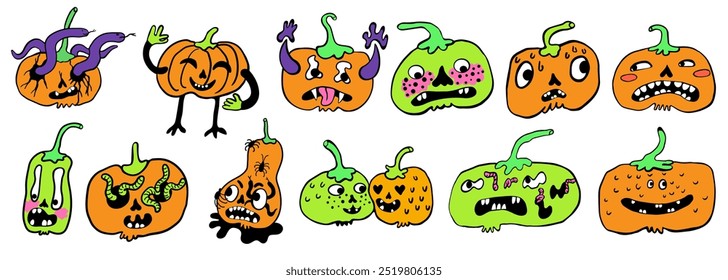 creepy minimalistic pumpkins characters set for halloween in vector. objects for stickers avatar decoration postcard poster print logo icon mascot