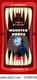 Creepy Monster Halloween party banner scary monster character teeth jaw in mouth closeup dark castle pumpkins cemetery. Vector scary illustration invitation flyer template