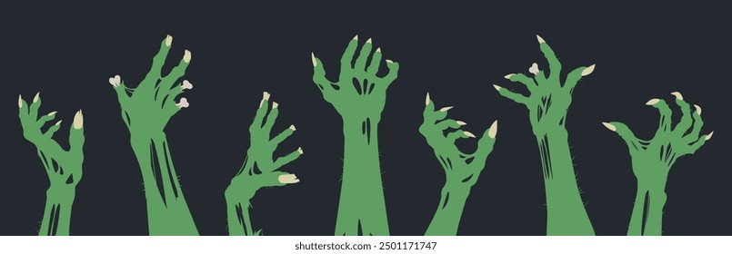 Creepy monster hands. Halloween zombie arms with long nails, spooky horror living dead arms flat vector illustration set. Cartoon zombie arms.