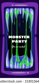 Creepy Monster Party Halloween party banner scary monster character teeth jaw and tongue in mouth closeup spittle. Vector scary illustration invitation flyer template