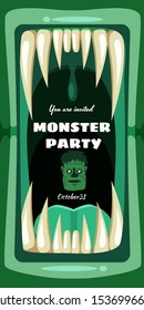 Creepy Monster Party Halloween party banner scary monster character teeth jaw and tongue in mouth closeup head Zombie. Vector scary illustration invitation flyer template