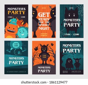 Creepy monster party invitation designs with beasts. Stylish spooky night invitations with text. Celebration and Halloween concept. Template for leaflet, banner or flyer