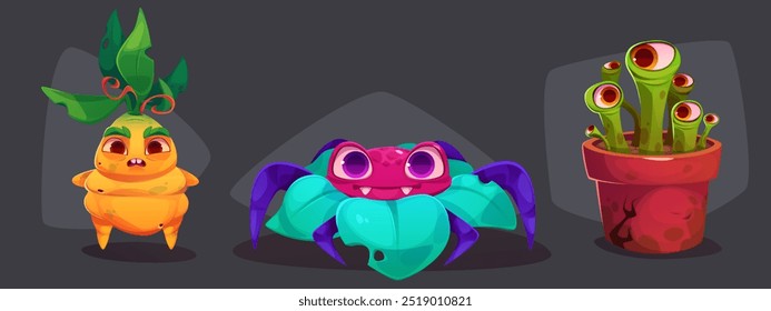 Creepy monster plants set isolated on black background. Vector cartoon illustration of scary carnivorous flowers with eyes and toothy mouths, Halloween horror creatures, fantasy forest predators