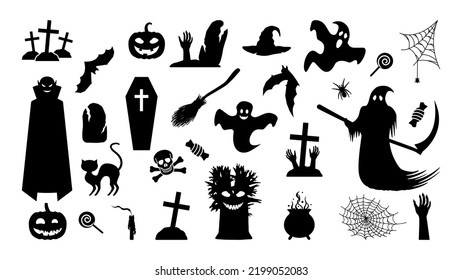 Creepy monsters and sinister ritual items silhouette. Sinister halloween vampires and ghosts with gloomy dead trees. Dead mens hands sticking out of graves with cobwebs and festive vector sweets