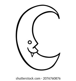 The creepy moon. The slyly smiling vampire moon. A symbol of witchcraft and mysticism. Hand-drawn vector illustration in doodle style. Isolated. For tattoos, postcards, posters, Halloween themes.