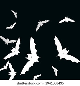 Creepy Motion Funny Night Flying Bats Art Pattern. Sky Chaos Print Bats Vector Design Pic. White Retro Spooky Scary Modern Style Background. Attack Gothic Light Black Halloween Art Illustration.